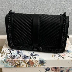 Rebecca Minkoff Black Chevron Quilted Love Crossbody with Chain Inset